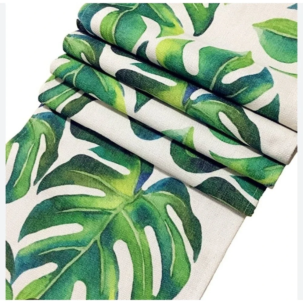 Tropical Monstera Leaf Table Runner Green White Palm Botanical Linen Blend 104in
